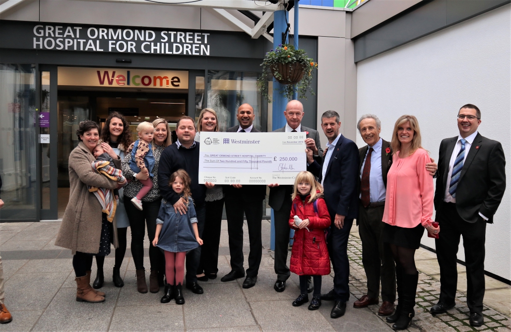 Key representatives from Great Ormond Street Hospital, The Isle of Man Treasury, Tower Mint and The Westminster Collection attend the £250,000 cheque giving ceremony
